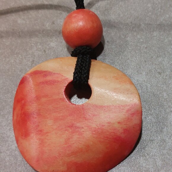Women's Red Orange Yellow Round Wood Pendant w/Black Cord w/Wood Ball - NWOT - Picture 6 of 6